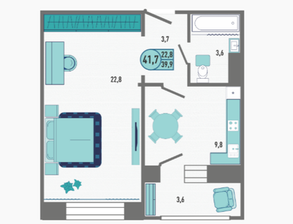 1-к. квартира, 41,7 м²
