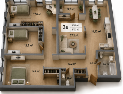 3-к. квартира, 97,3&nbsp;м²