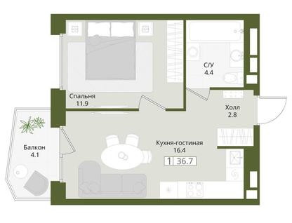 1-к. квартира, 36,7 м²