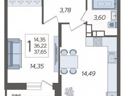 1-к. квартира, 37,6&nbsp;м²