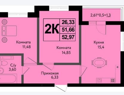2-к. квартира, 53&nbsp;м²