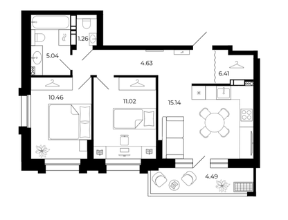 2-к. квартира, 58&nbsp;м²