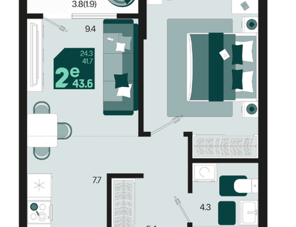 2-к. квартира, 43,6 м²