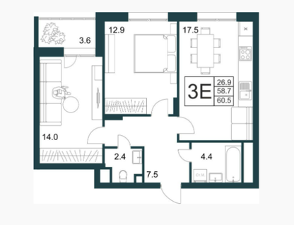 2-к. квартира, 60,5&nbsp;м²