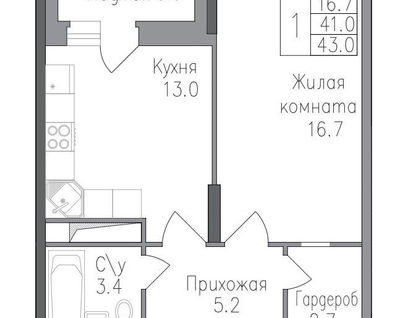 1-к. квартира, 43&nbsp;м²