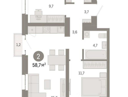 2-к. квартира, 58,7 м²