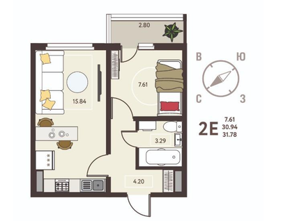 2-к. квартира, 31,8&nbsp;м²