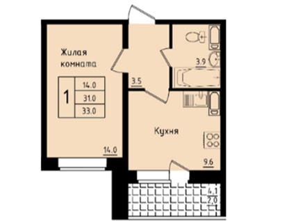 1-к. квартира, 31,1&nbsp;м²