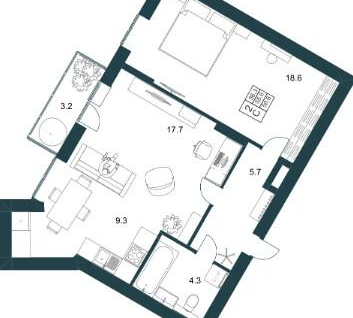 1-к. квартира, 56,7 м²