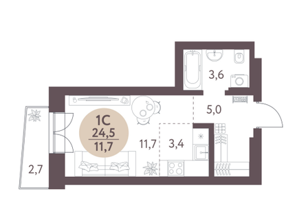 Студия, 24,5&nbsp;м²