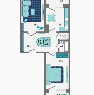 2-к. квартира, 72,1&nbsp;м²