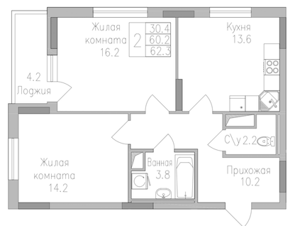 2-к. квартира, 62,3 м²