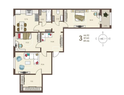 3-к. квартира, 89,5&nbsp;м²