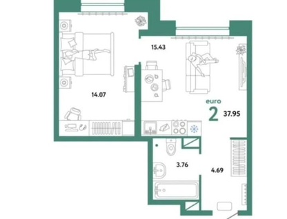 1-к. квартира, 38&nbsp;м²