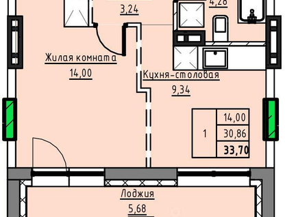 1-к. квартира, 33,7&nbsp;м²