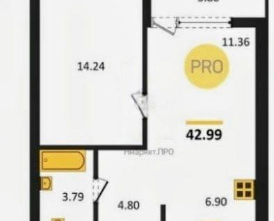 1-к. квартира, 42,9&nbsp;м²