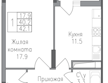 1-к. квартира, 42,1&nbsp;м²