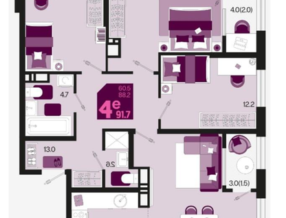4-к. квартира, 91,7&nbsp;м²