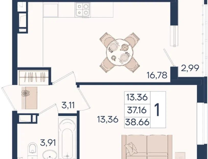 1-к. квартира, 38,7&nbsp;м²