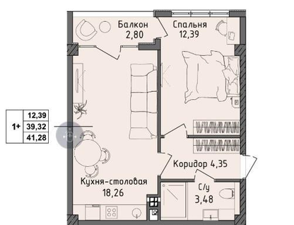 1-к. квартира, 41,3&nbsp;м²
