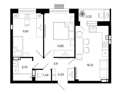 2-к. квартира, 54&nbsp;м²