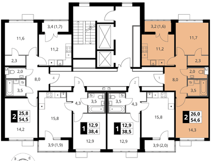 2-к. квартира, 54&nbsp;м²