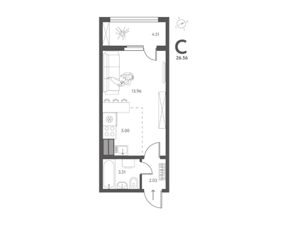 Студия, 26,6&nbsp;м²