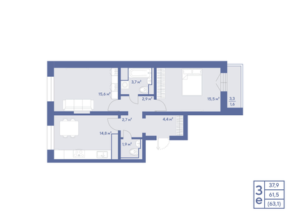 3-комнатная квартира, 63&nbsp;м²