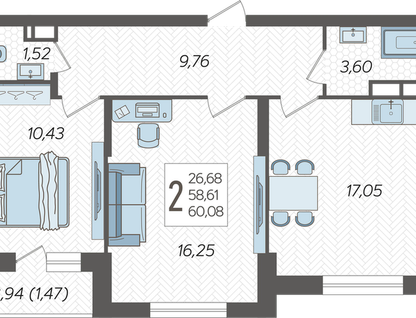 2-к. квартира, 60,1&nbsp;м²