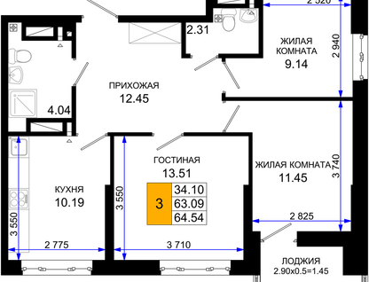 3-комнатная квартира, 64&nbsp;м²