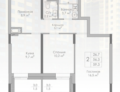 2-к. квартира, 59,3&nbsp;м²