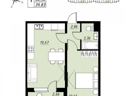 1-к. квартира, 39,8&nbsp;м²