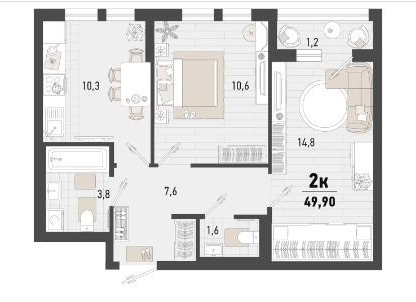 2-к. квартира, 49,9&nbsp;м²