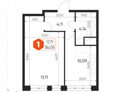 1-к. квартира, 36&nbsp;м²
