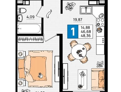 2-к. квартира, 48,4&nbsp;м²