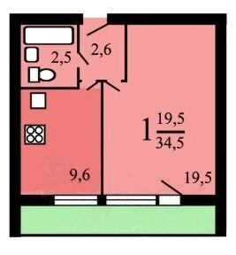 1-к. квартира, 34,5&nbsp;м²