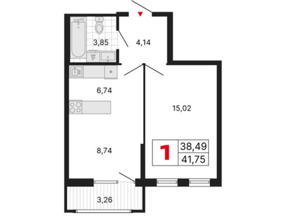 1-к. квартира, 41,8&nbsp;м²