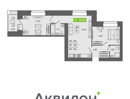 2-к. квартира, 63,6&nbsp;м²