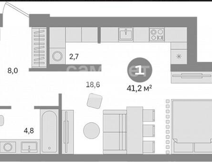 1-к. квартира, 41,2 м²