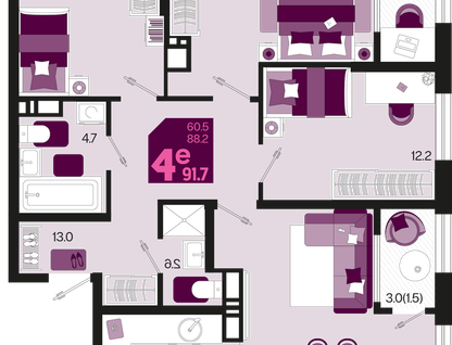 1-к. квартира, 91,7 м²