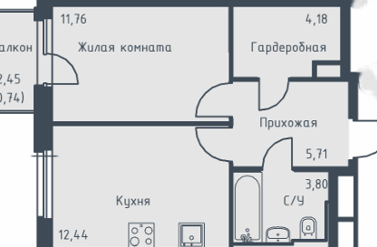 1-к. квартира, 38,6&nbsp;м²
