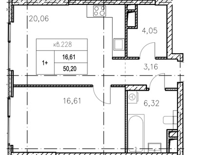1-к. квартира, 50,2 м²