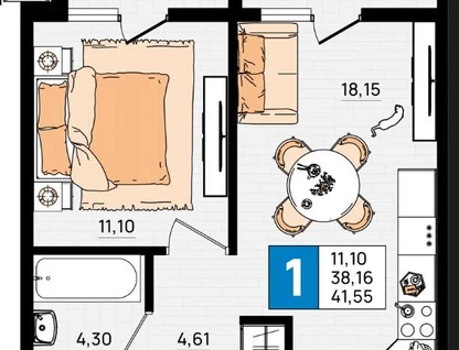 1-к. квартира, 41,5&nbsp;м²