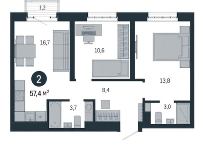 3-к. квартира, 57,4&nbsp;м²