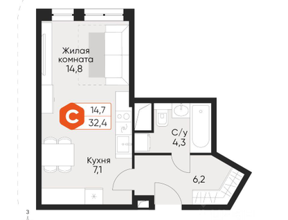 Студия, 32,4&nbsp;м²
