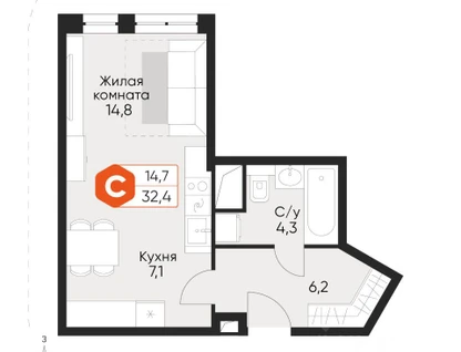 Студия, 32,4&nbsp;м²