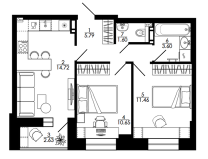 2-к. квартира, 52,3&nbsp;м²