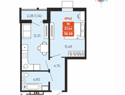 1-к. квартира, 39 м²