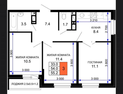 3-к. квартира, 55&nbsp;м²