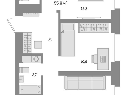 3-к. квартира, 55,8 м²